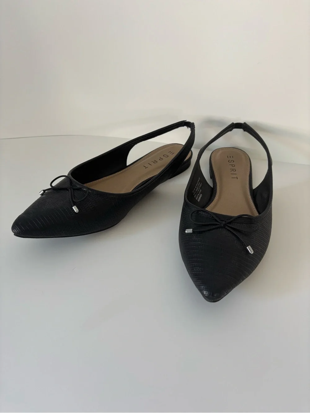Esprit Black Textured Pointed Slingback Flats with Bow Accent